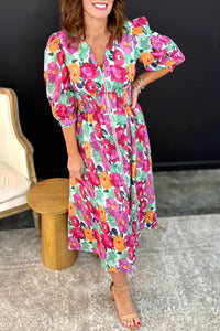 KaleaBoutique Stylish Vibrant Floral Print V Neck Zip Up Puffy Half Sleeve Dress - KaleaBoutique.com
