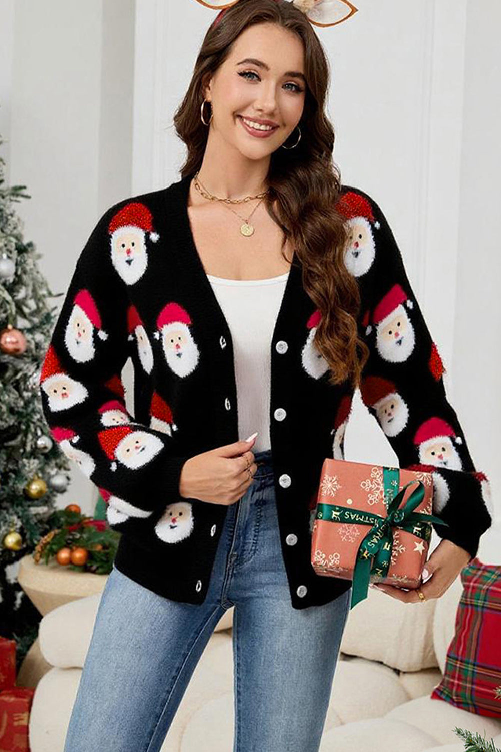 KaleaBoutique Stylish Christmas Santa Claus Pattern Button V Neck Sweater Cardigan - KaleaBoutique.com