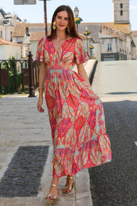 KaleaBoutique Comfortable Paisley Print V-Neck Short Sleeve Boho Maxi Dress with Ruffle Details - KaleaBoutique.com