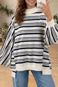KaleaBoutique Stylish Striped Ribbed Stand Neck Long Sleeve Shift Silhouette Sweatshirt - KaleaBoutique.com