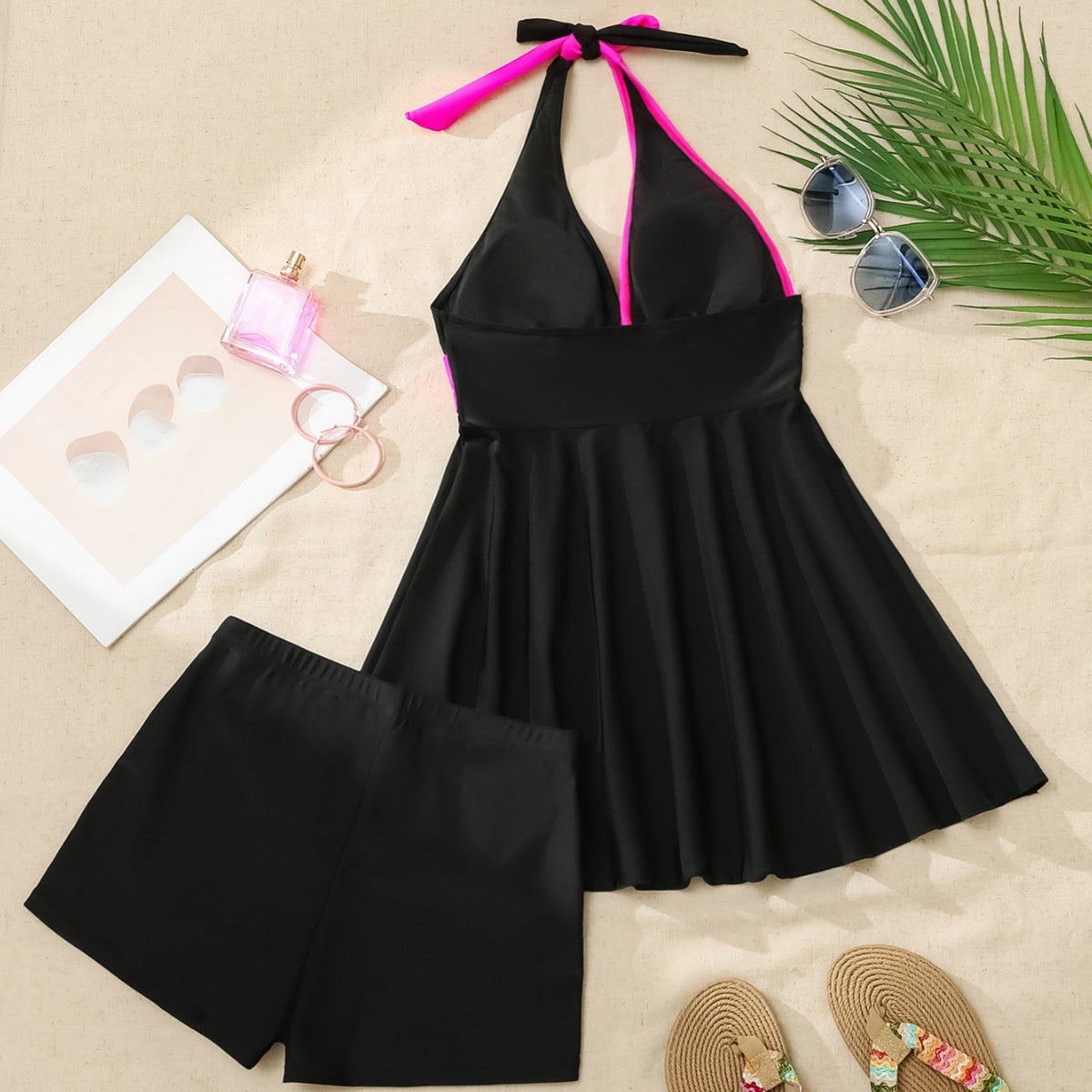 Women's Black and Pink Color Block Halter Dress 2 PC Tankini Set - KaleaBoutique.com