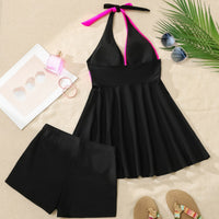 Women's Black and Pink Color Block Halter Dress 2 PC Tankini Set - KaleaBoutique.com