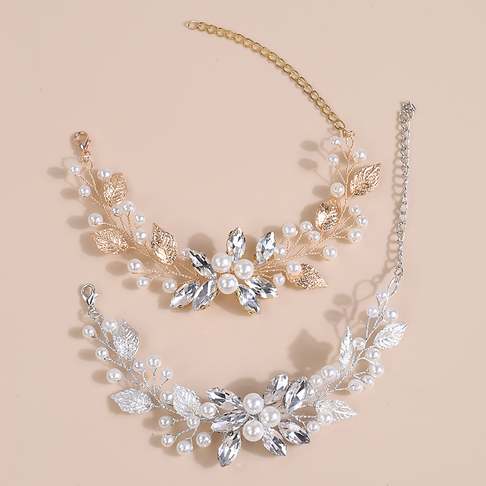 Rhinestone Pearl Flower Bracelet, Crystal Gem Floral Bracelet for Bride, Wedding Style Wire Bracelet - KaleaBoutique.com