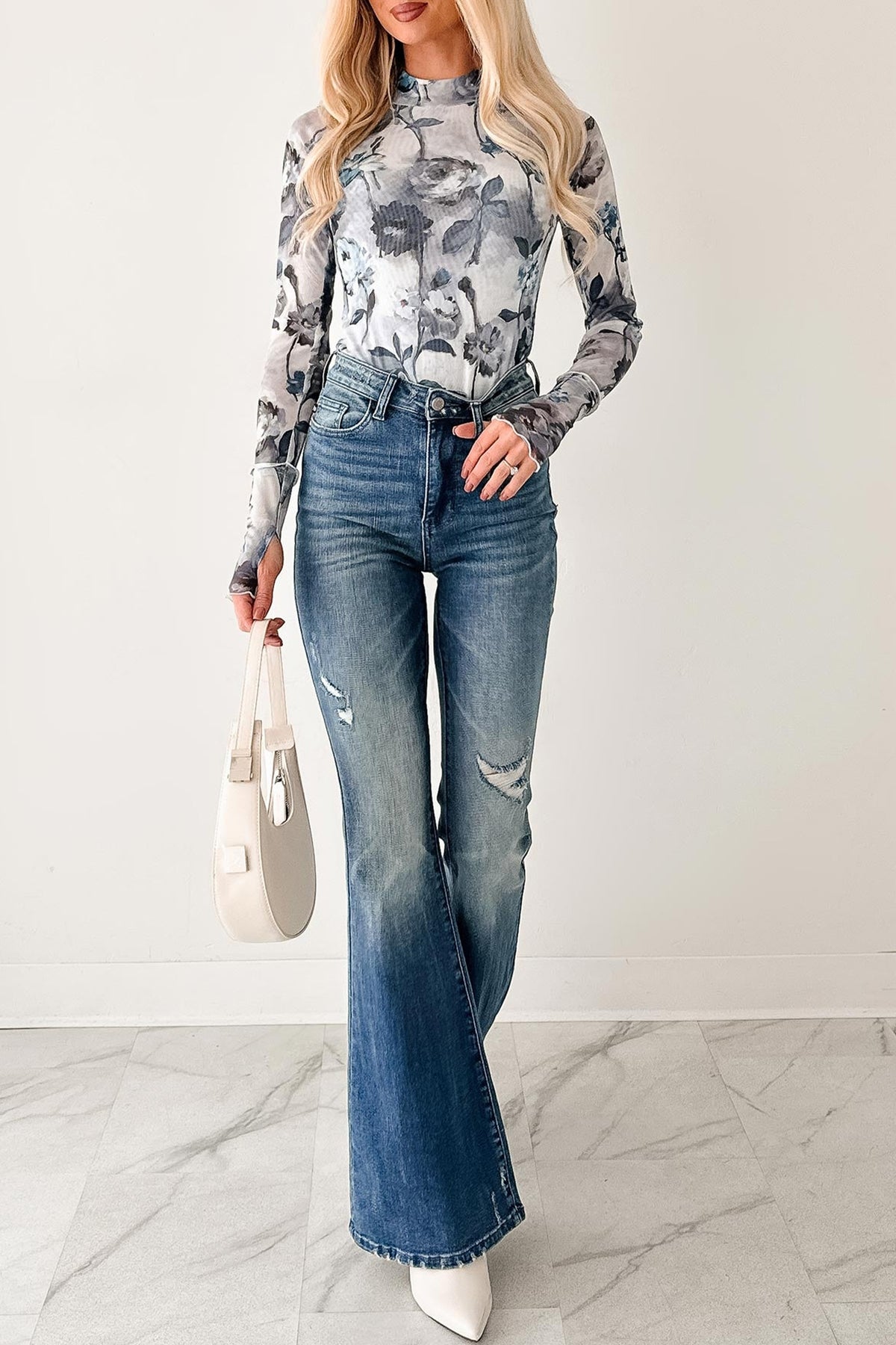 KaleaBoutique Stylish Floral Mesh High Neck Long Sleeve Sheath Top - KaleaBoutique.com