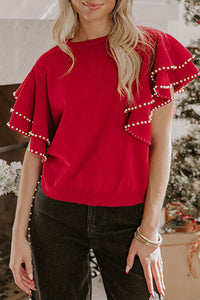 KaleaBoutique Stylish Pearl Embellished Double Ruffle Short Sleeve Sweater - KaleaBoutique.com