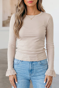 KaleaBoutique Comfortable Lace Cuff Patchwork Round Neck Long Sleeve Top - KaleaBoutique.com