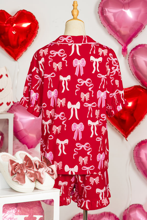 KaleaBoutique Stylish Sweet Bow Print Ruffled Short Sleeve Shirt Shorts 2pcs Pajama Set - KaleaBoutique.com