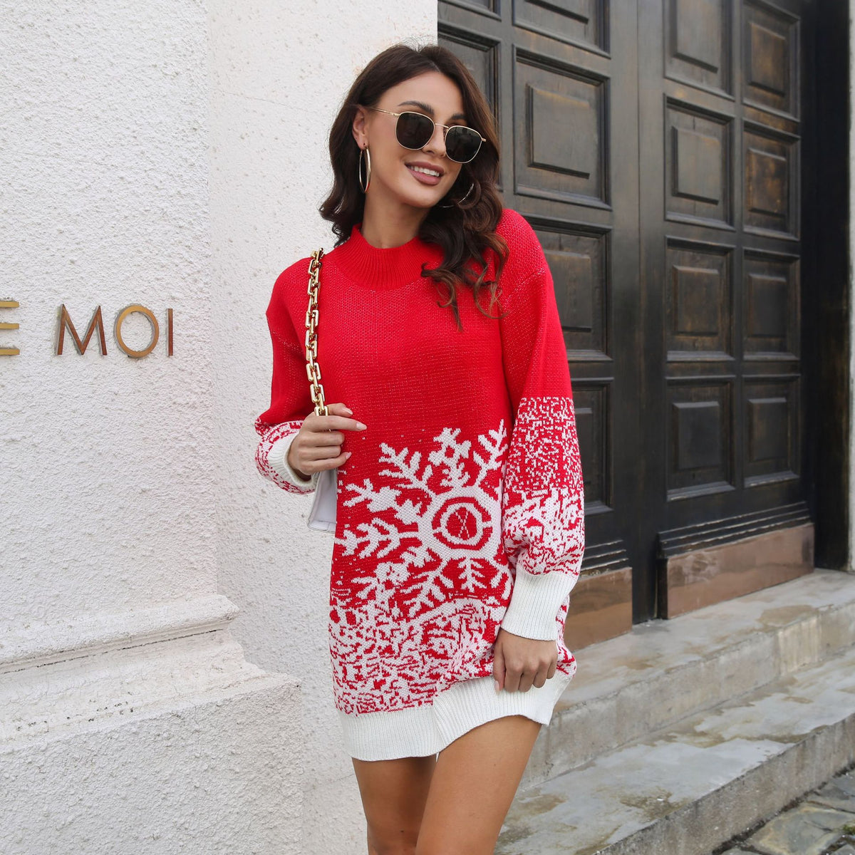 Christmas Snowflake Sweater Dress Loose Pullover Knitted Dresses Fall Winter Women's Clothing - KaleaBoutique.com