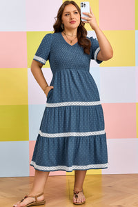 Dusk Blue Plus Size Swiss Dot Lace Tiered Midi Dress - KaleaBoutique.com