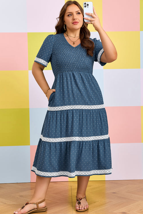 Dusk Blue Plus Size Swiss Dot Lace Tiered Midi Dress - KaleaBoutique.com