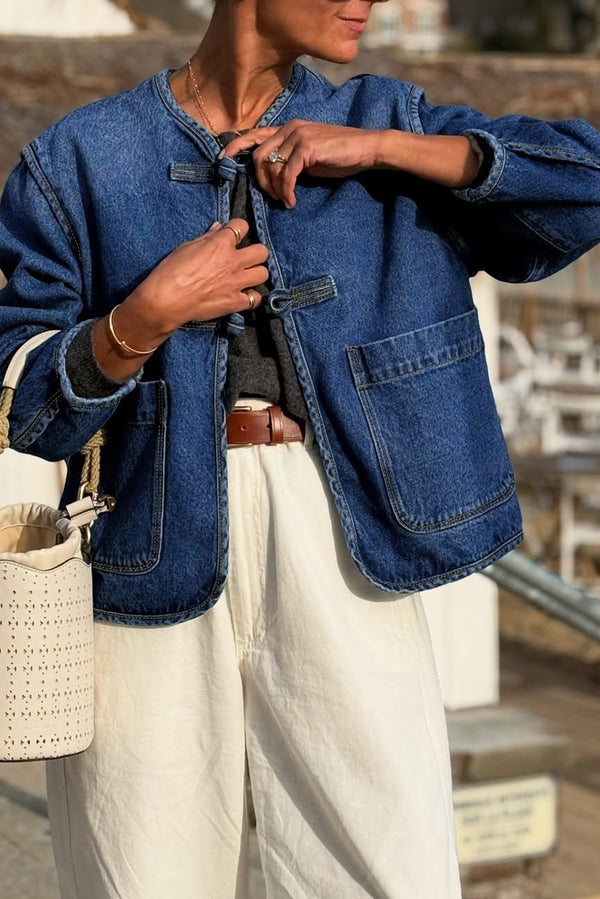Vintage Fastening Big Patched Pockets Straight Cut Deep Wash Denim Jacket - KaleaBoutique.com