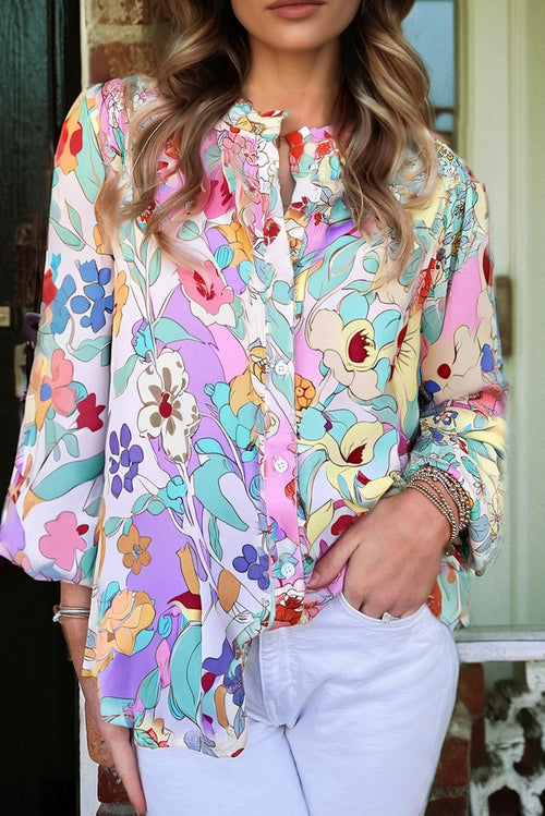 KaleaBoutique Stylish Floral Print Patchwork Frilly Neckline Long Sleeve Shirt - KaleaBoutique.com