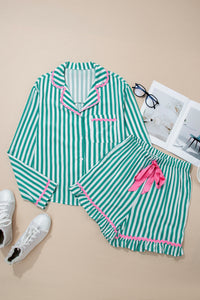 KaleaBoutique Stylish Contrast Ricrac Trim Long Sleeve Shirt Drawstring Ruffled Pajama Short Set - KaleaBoutique.com
