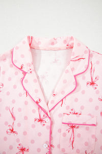 KaleaBoutique Stylish Bow Print Contrast Pipping Short Pajamas Set - KaleaBoutique.com