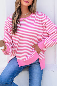 KaleaBoutique Stylish Textured Knit Color Block Trim Split Hem Long Sleeve Top - KaleaBoutique.com
