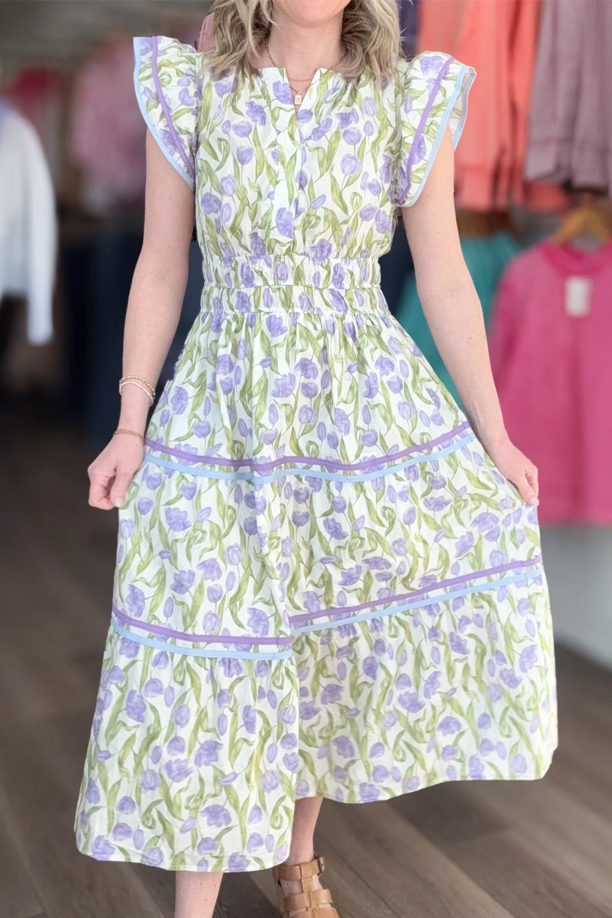 KaleaBoutique Comfortable Tulip Floral Print Contrast Trim Midi Dress - KaleaBoutique.com