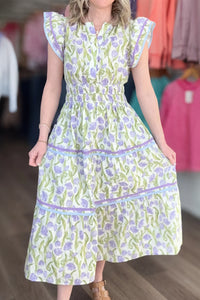 KaleaBoutique Comfortable Tulip Floral Print Contrast Trim Midi Dress - KaleaBoutique.com