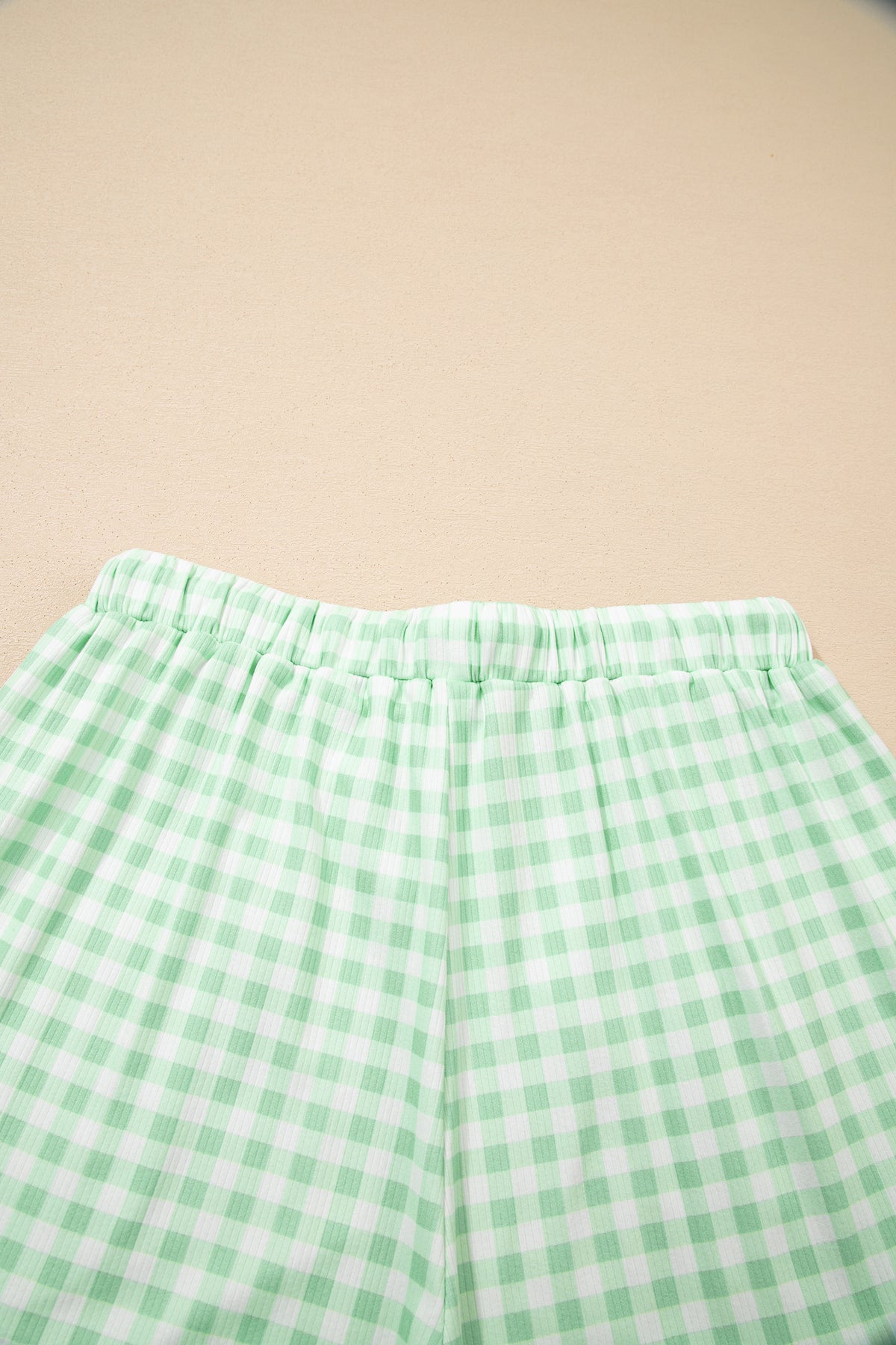 KaleaBoutique Stylish Gingham Long Sleeve Loose Top Drawstring Shorts 2pcs Lounge Set