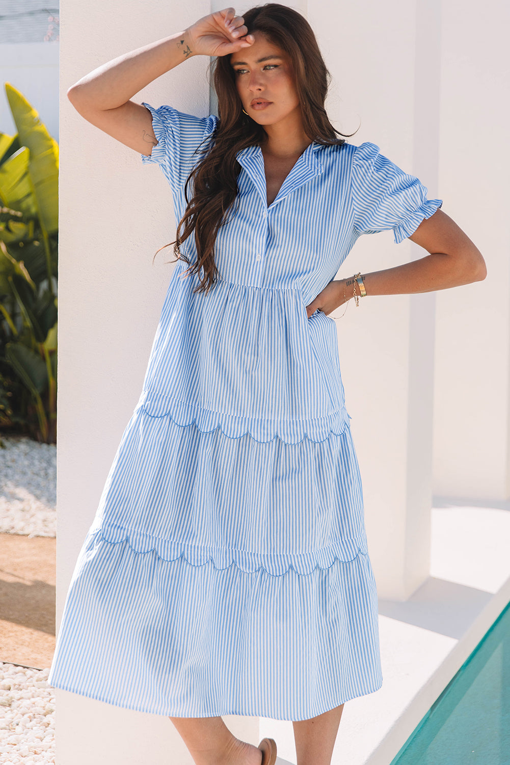 Bubble Short Sleeve Tiered Scallop Long Dress - KaleaBoutique.com