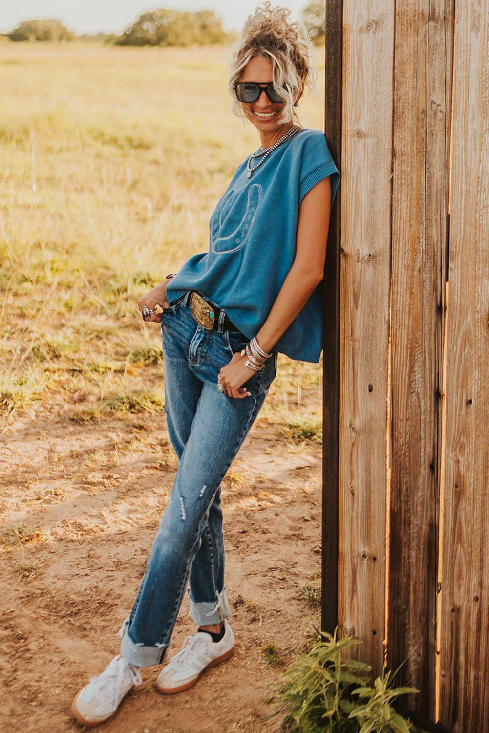 KaleaBoutique Comfortable Horse Shoe Embroidered Loose Short Sleeve Sweater - KaleaBoutique.com