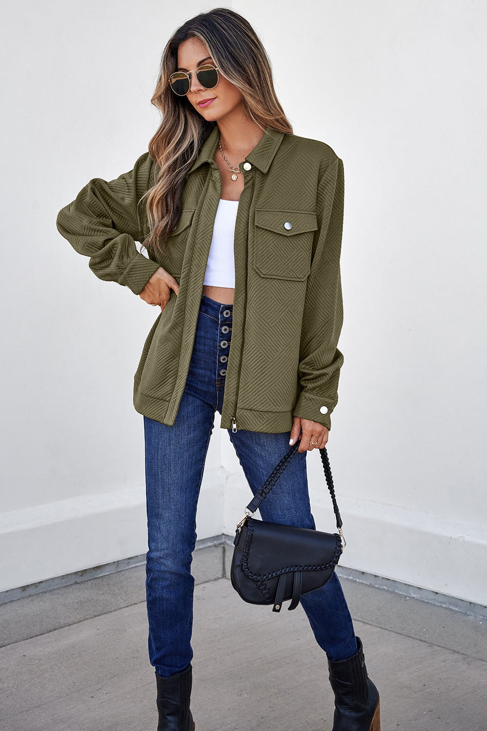 Solid Color Zip Up Button Flap Pocket Shirt Collar Jackets - KaleaBoutique.com