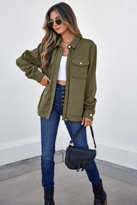 Solid Color Zip Up Button Flap Pocket Shirt Collar Jackets - KaleaBoutique.com