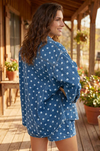 Polka Dot Long Sleeve Collar Shift Tunic Denim Jacket - KaleaBoutique.com