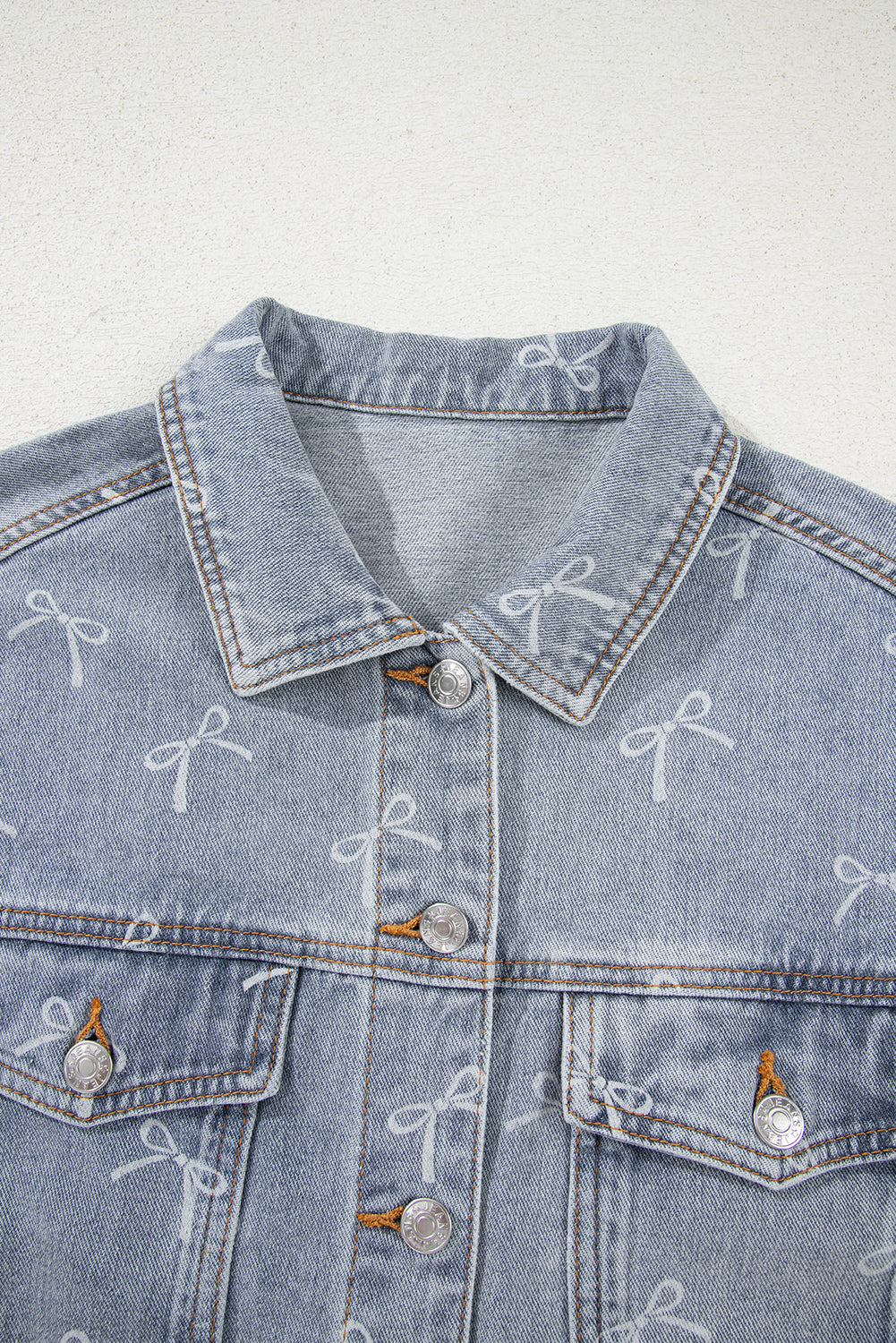 Bow Knot Print Light Wash Raw Hem Denim Jacket - KaleaBoutique.com