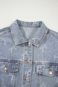 Bow Knot Print Light Wash Raw Hem Denim Jacket - KaleaBoutique.com