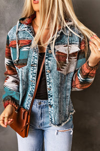 KaleaBoutique Stylish Aztec Print Frayed Hem Denim Jacket - KaleaBoutique.com