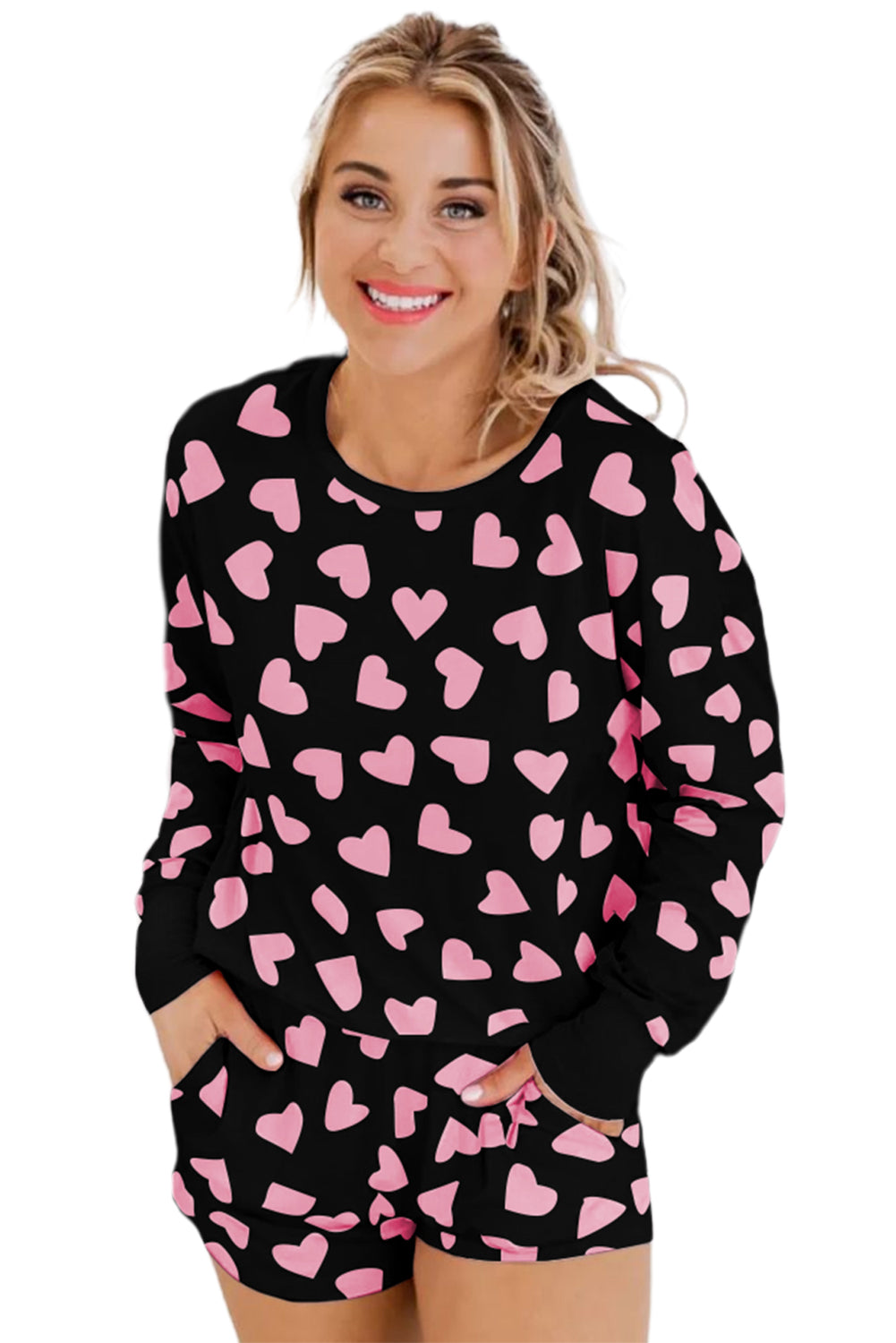 KaleaBoutique Stylish Valentine Heart Shape Print Long Sleeve Top Shorts Lounge Set - KaleaBoutique.com