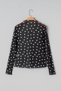 Polka Dot Patterned Bodycon Mock Neck Mesh Long Sleeve Top - KaleaBoutique.com