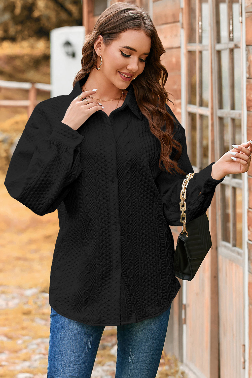Cable Texture Puff Sleeve Loose Shacket - KaleaBoutique.com