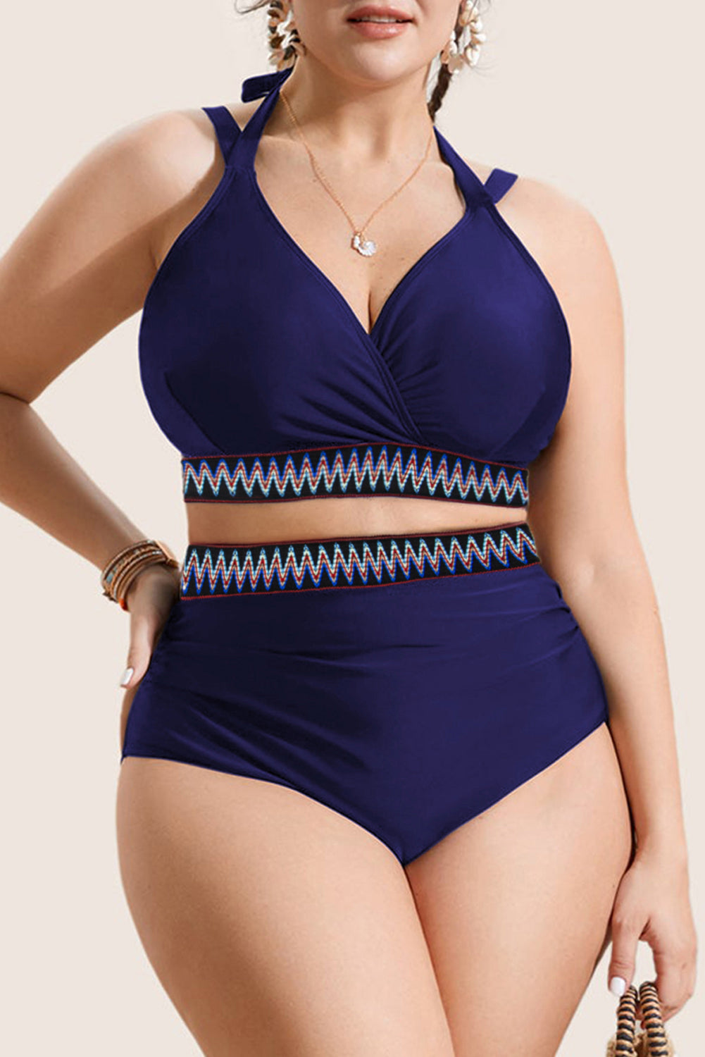 Embroidered Trim Wrap Tie Knot Plus Size High Waisted Bikini - KaleaBoutique.com