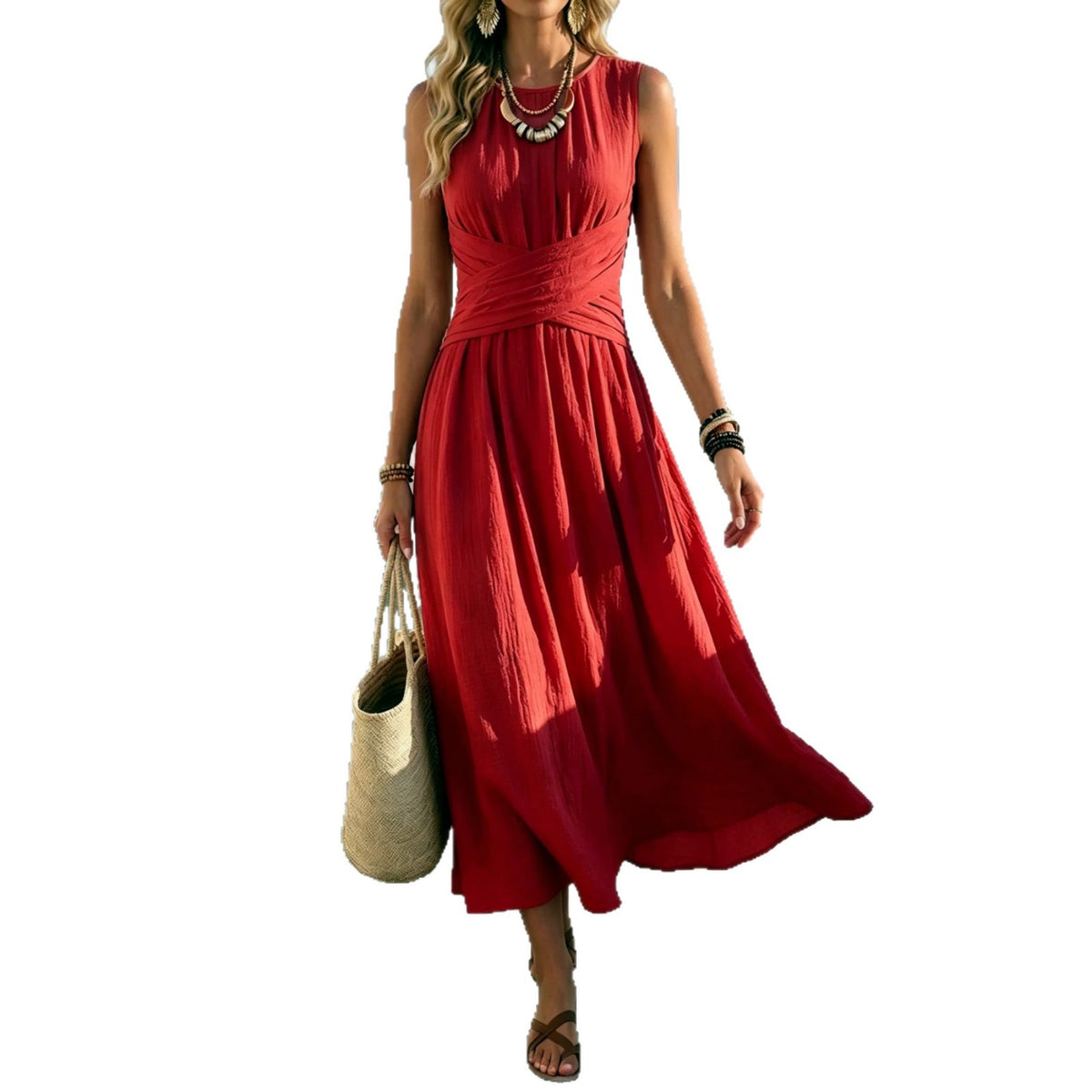 Women's Sleeveless Round-Neck Crossover-Waist Maxi Dress - KaleaBoutique.com