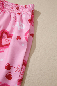 KaleaBoutique Stylish Sweet Heart Cake Print Contrast Ruffle Trim Valentines 2pcs Pajama Set - KaleaBoutique.com