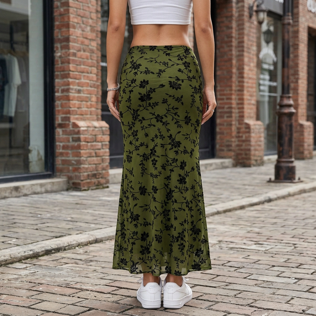 Women's Floral Print Sheer Overlay Fishtail Mermaid Midi Skirt