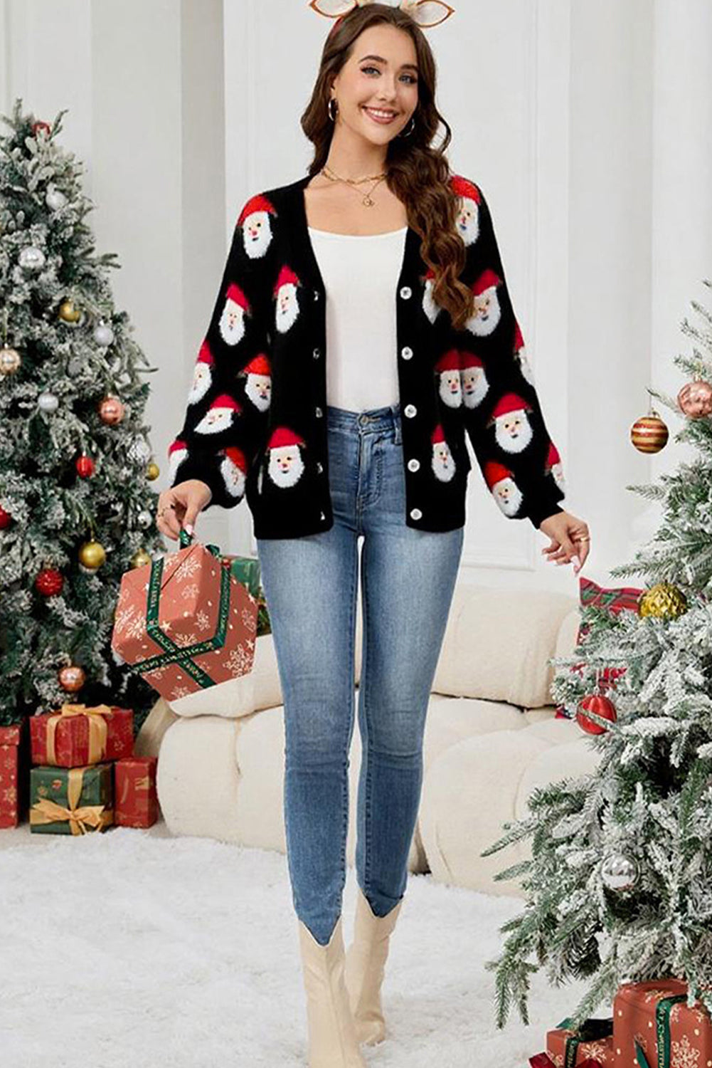 KaleaBoutique Stylish Christmas Santa Claus Pattern Button V Neck Sweater Cardigan - KaleaBoutique.com