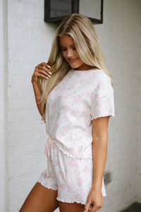 KaleaBoutique Stylish Floral Lettuce Trim Tee and Shorts Ribbed Lounge Set - KaleaBoutique.com