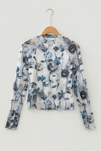 KaleaBoutique Stylish Floral Mesh High Neck Long Sleeve Sheath Top - KaleaBoutique.com