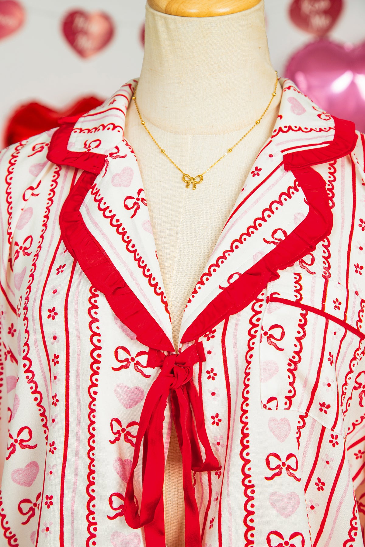 KaleaBoutique Stylish Sweet Floral Heart Bow Print Contrast Trim Long Sleeve Shirt Pajama Short Set - KaleaBoutique.com