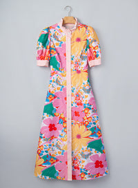 KaleaBoutique Stylish Floral Print Striped Trim Button Down Short Sleeve Vacation Dress - KaleaBoutique.com
