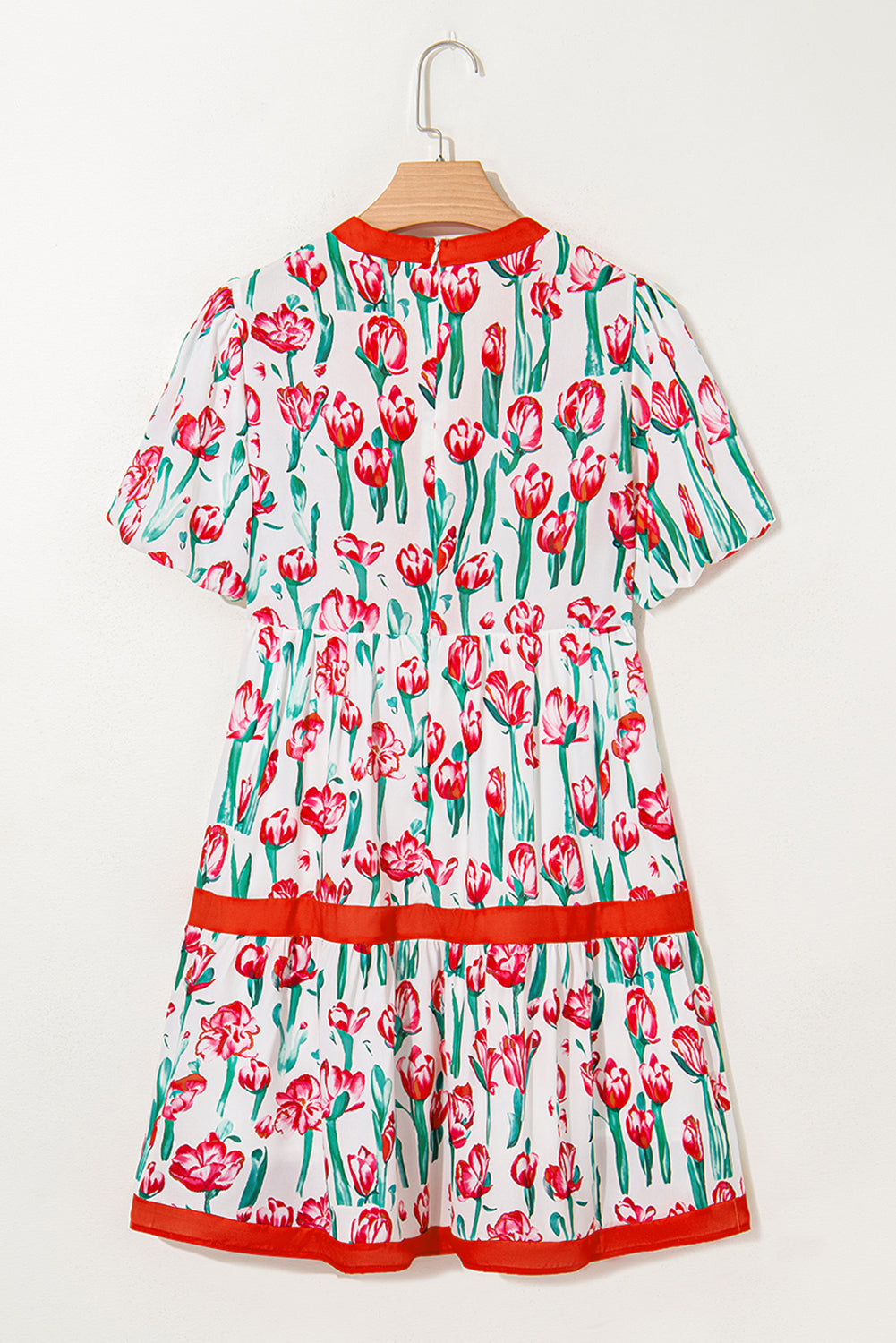 Floral Print Contrast Trim V Neck Bubble Short Sleeve Babydoll Dress - KaleaBoutique.com