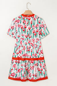 Floral Print Contrast Trim V Neck Bubble Short Sleeve Babydoll Dress - KaleaBoutique.com