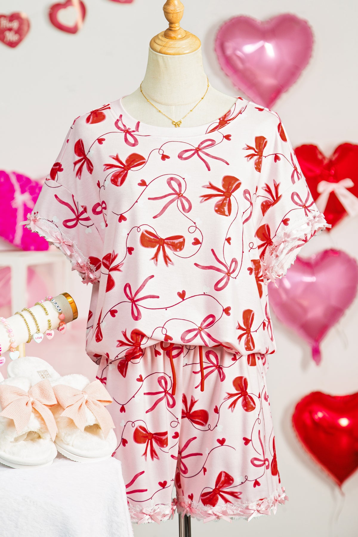 KaleaBoutique Stylish Romantic Bow Print Loose Tee Drawstring Shorts 2pcs Lounge Set - KaleaBoutique.com