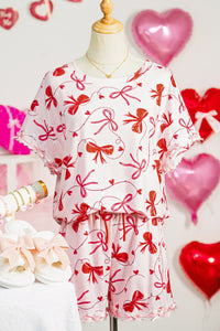 KaleaBoutique Stylish Romantic Bow Print Loose Tee Drawstring Shorts 2pcs Lounge Set - KaleaBoutique.com