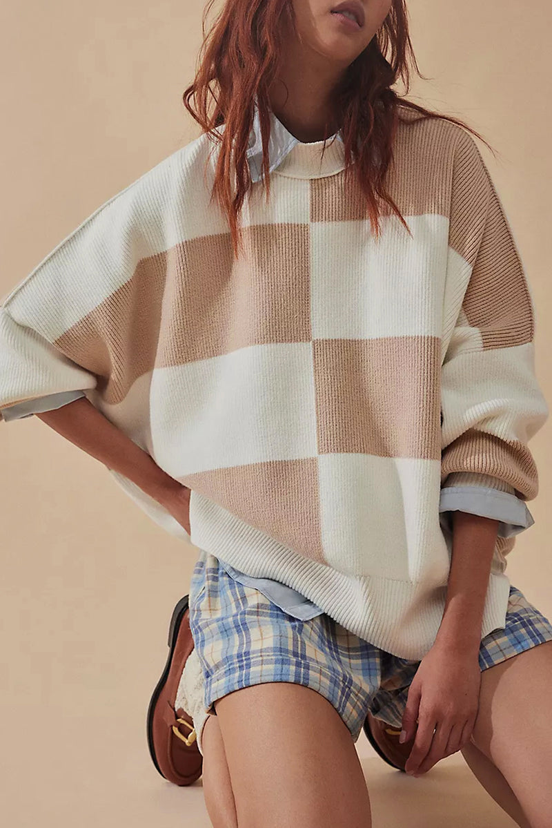 KaleaBoutique Checkered Side Slits Drop Shoulder Oversized Sweater - KaleaBoutique.com