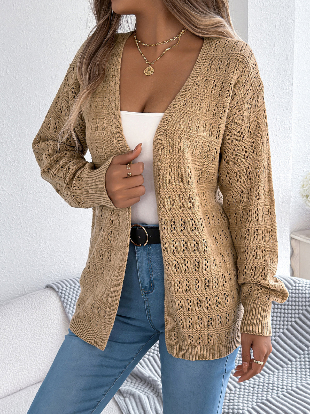 Women's Openwork Open-Front Longline Balloon-Sleeve Cardigan - KaleaBoutique.com