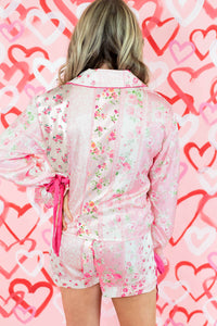 KaleaBoutique Comfortable Mixed Floral Print Contrast Piping Trim Satin Tie 2pcs Pajama Set - KaleaBoutique.com