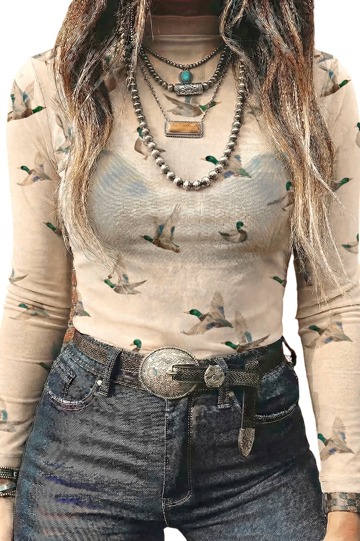 KaleaBoutique Stylish High Neck Western Print Mesh Sheer Long Sleeve Top - KaleaBoutique.com